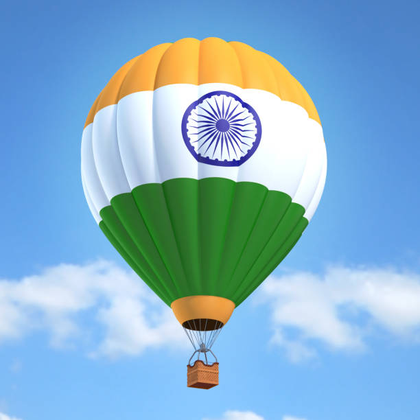 globo de aire caliente con bandera india - heat mid air flying float fotografías e imágenes de stock