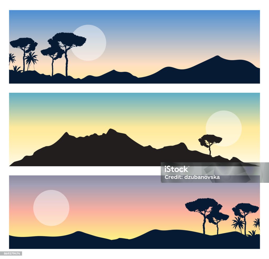 Tập Hợp Các Phong Cảnh Đẹp Toàn Cảnh Với Núi Non Mặt Trời Bầu Trời Đầy Màu  Sắc Và Bóng Cây Hình minh họa Sẵn có - Tải xuống Hình ảnh Ngay