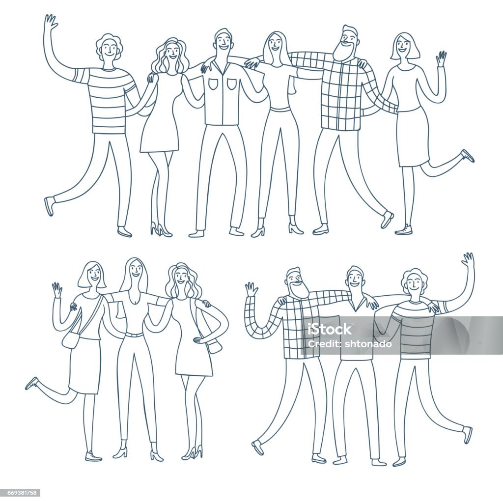 Set of happy friends groups hugging each other. Set of happy friends groups, boys and girls, hugging each other. Cartoon doodle illustration for your design. People stock vector