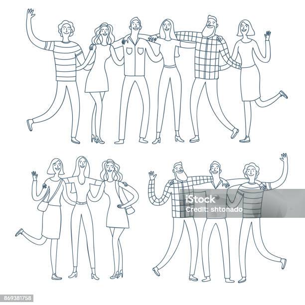 Set Of Happy Friends Groups Hugging Each Other Stock Illustration - Download Image Now - People, Doodle, Women