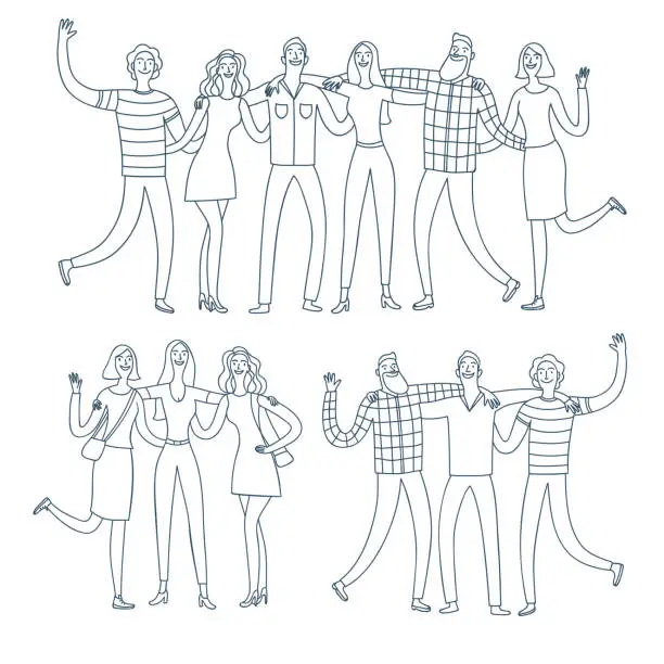 Vector illustration of Set of happy friends groups hugging each other.