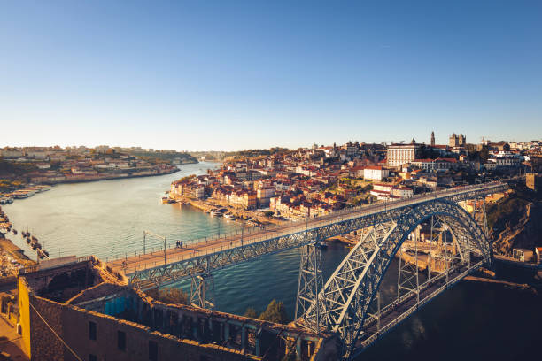 oporto aerial view, portugal - porto portugal bridge international landmark imagens e fotografias de stock