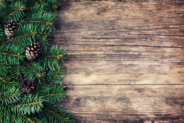 istock Christmas fir tree on a wooden background 869382502