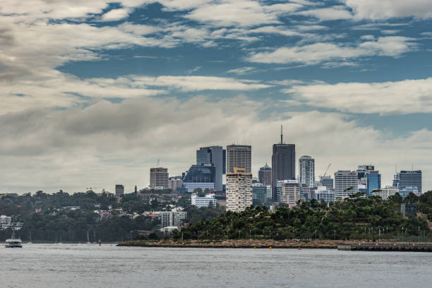 Sydney, Australia - March 21, 2017: Skyline of Kirribilli, northern Sydney business district under blue sky with white clouds shows highrise office towers with harbor scenery and Millers Point park in front.