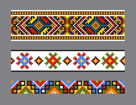 Set of vector ethnic Ukrainian seamless patterns. Slavic national ornament in pixel style