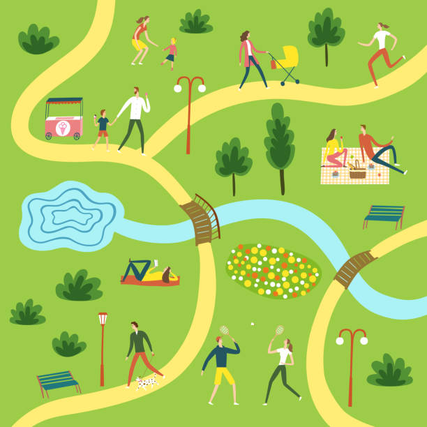 ilustrações de stock, clip art, desenhos animados e ícones de people in the park landscape - bridge people fun river