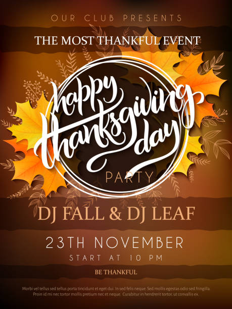 Vector illustration of thanksgiving party poster with hand lettering label - thanksgiving - with yellow autumn doodle leaves and realistic maple leaves Vector illustration of thanksgiving party poster with hand lettering label - thanksgiving - with yellow autumn doodle leaves and realistic maple leaves. thanksgiving dinner stock illustrations