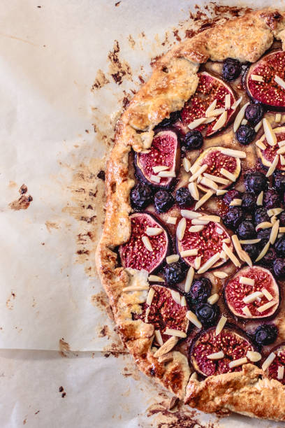 Directly above shot of a blueberry and fig galette (open pie or tart)