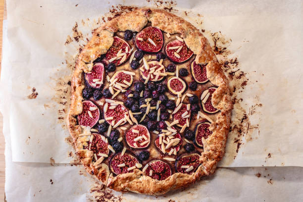 Directly above shot of a blueberry and fig galette (open pie or tart)