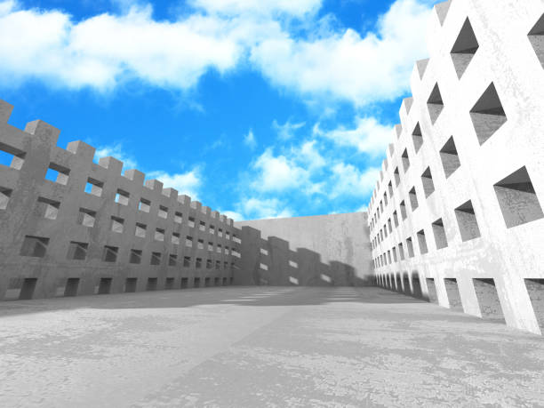 istock Concrete room wall construction on cloudy sky background 869412164