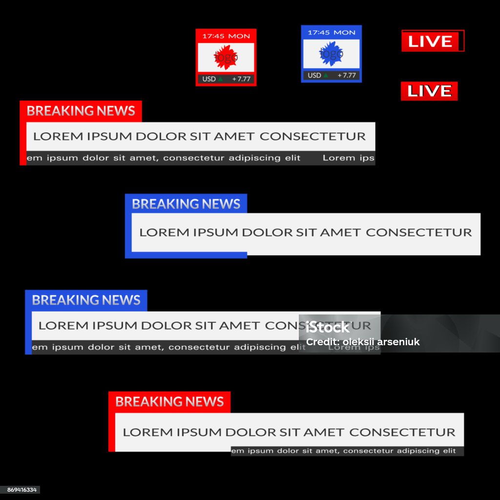 Vector lower third banners Set of red and blue lower third banners. Breaking news, live, date, currency bar screen broadcast. Vector flat illustration isolated on black background Lower Third stock vector