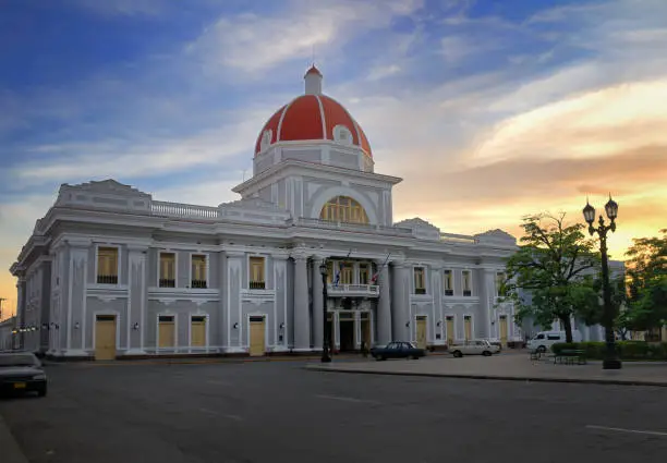 A view of cienfuegos city hall building at sunset, cuba