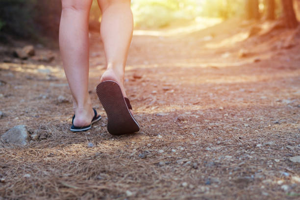 森を離れて歩くローアングル女 - flip flop human foot sand women ストックフォトと画像