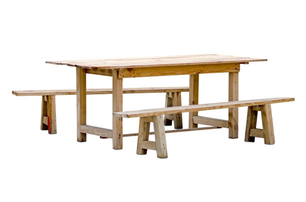 istock Wooden table with benches on white background 869426242