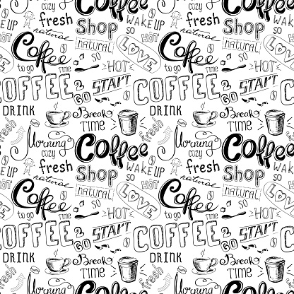 Seamless doodle coffee pattern on white background ,hand drawn lettering,stock vector illustration.