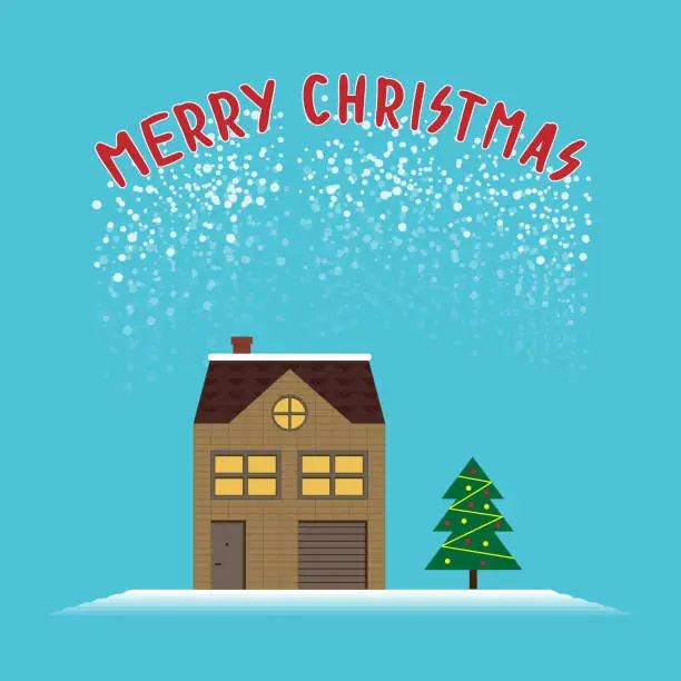 Vector illustration of Christmas greeting picture with timbered houses and the Christmas tre