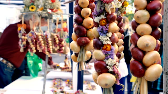 Onion plaits at traditional market in Weimar, Germany