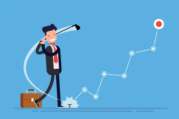 Vector illustration of Concept of profit growth. Businessman or Manager plays golf. Graph or chart of financial growth. Vector flat illustration.