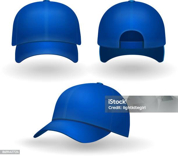 Berretto Da Baseball Blu Impostato Vista Laterale Anteriore Isolata Su Sfondo Bianco - Immagini vettoriali stock e altre immagini di Berretto