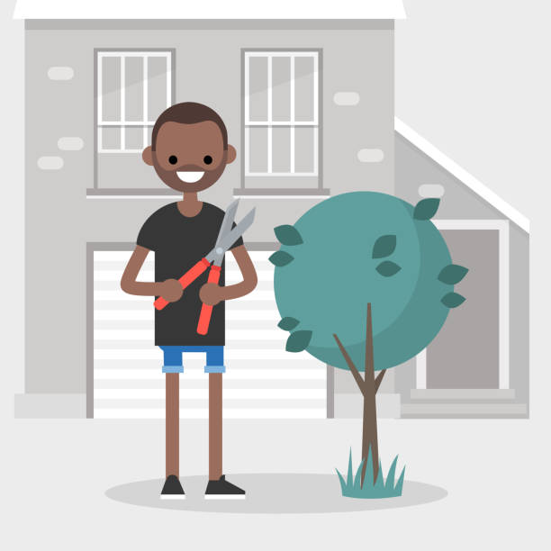 Young black character cutting a bush with a pruner. Gardening. Seasonal work in a garden / flat editable vector illustration Young black character cutting a bush with a pruner. Gardening. Seasonal work in a garden / flat editable vector illustration branch trimmers stock illustrations