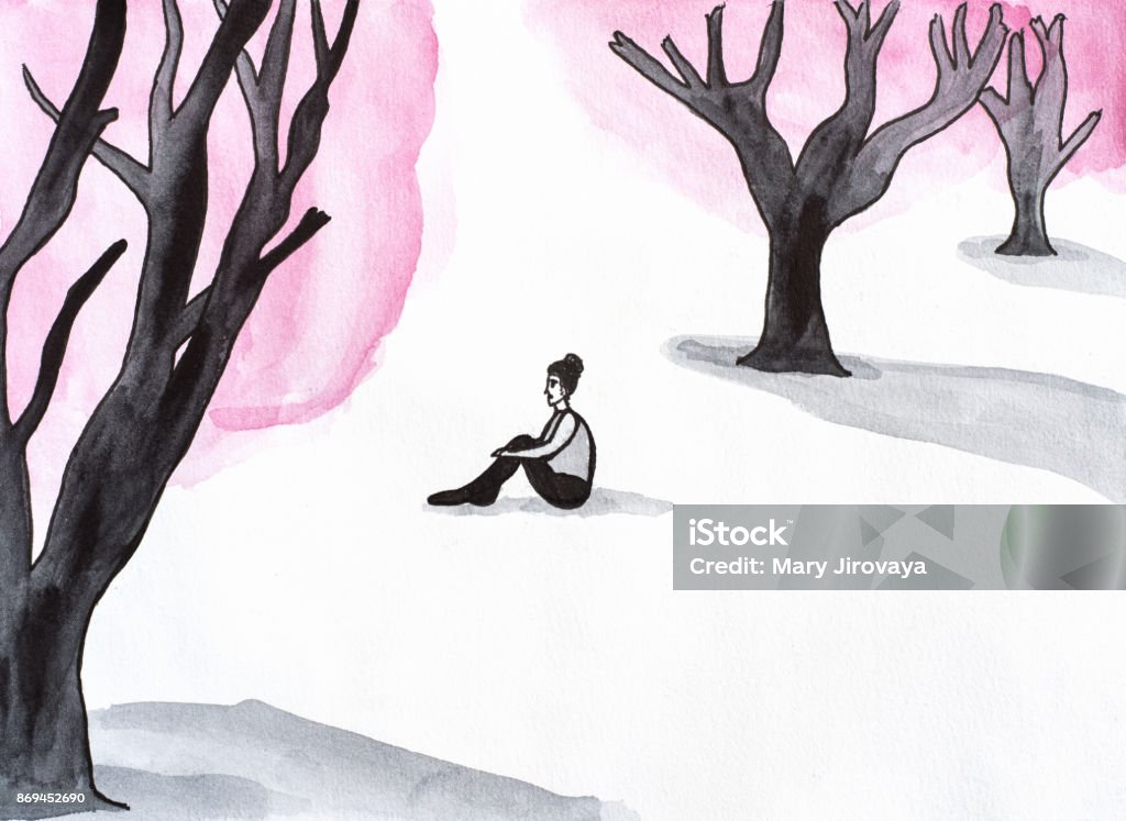 In the forest Watercolor illustration of lonely woman in the forest Depression - Sadness stock illustration