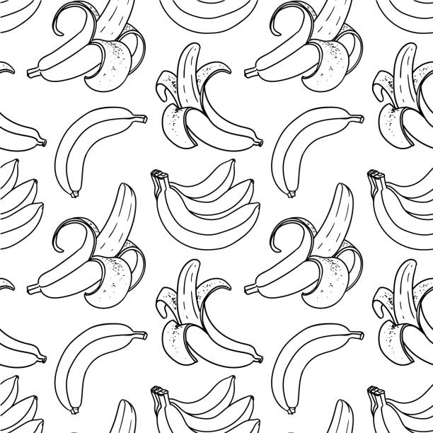 nahtlose muster banane schwarz und weiß. tropischen hintergrund - banane stock-grafiken, -clipart, -cartoons und -symbole