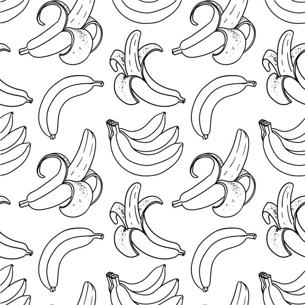 illustrations, cliparts, dessins animés et icônes de modèle sans couture banane noir et blanc. fond tropical - banane