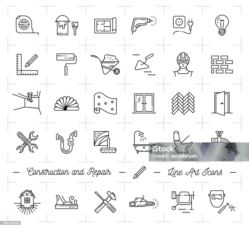 Construction icons Repair house Home renovation. Building and household tools. Repair thin line art icons Construction icons Repair house Home renovation. Building and household tools. Repair thin line art icons, Vector flat illustration Home Addition stock vector
