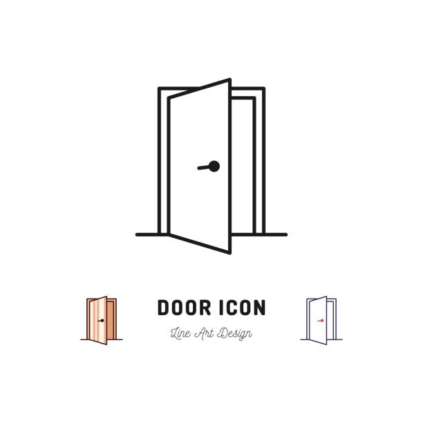 ilustraciones, imágenes clip art, dibujos animados e iconos de stock de icono de puerta abierta. vector símbolo de arte de línea delgada - door