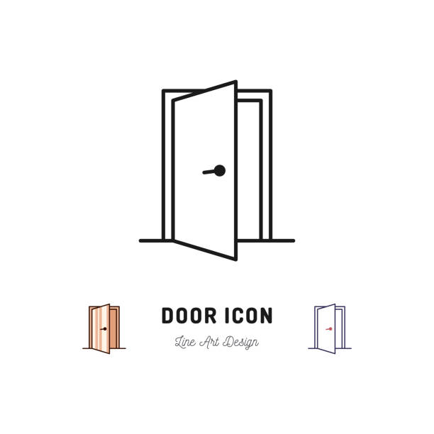 illustrazioni stock, clip art, cartoni animati e icone di tendenza di icona apri porta. simbolo dell'arte vettoriale a linea sottile - door