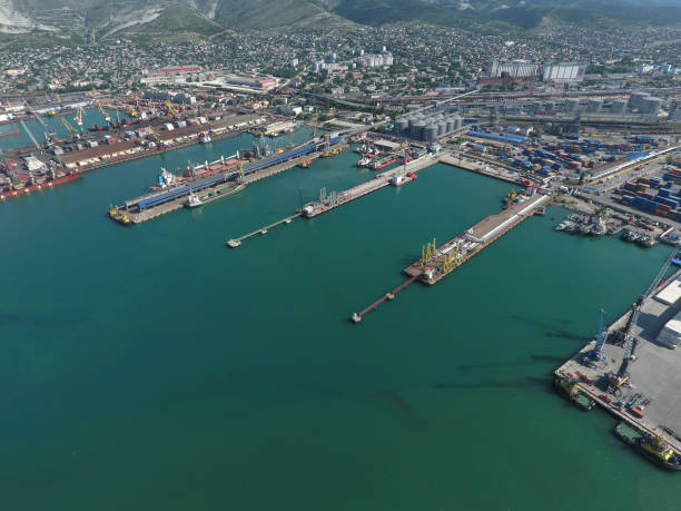 istock Industrial seaport, top view. Port cranes and cargo ships and ba 869459734
