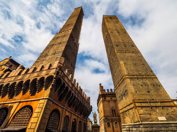 Torre Garisenda and Torre Degli Asinelli leaning towers aka Due Torri (meaning Two towers) in Bologna, Italy (vibrant high dynamic range)