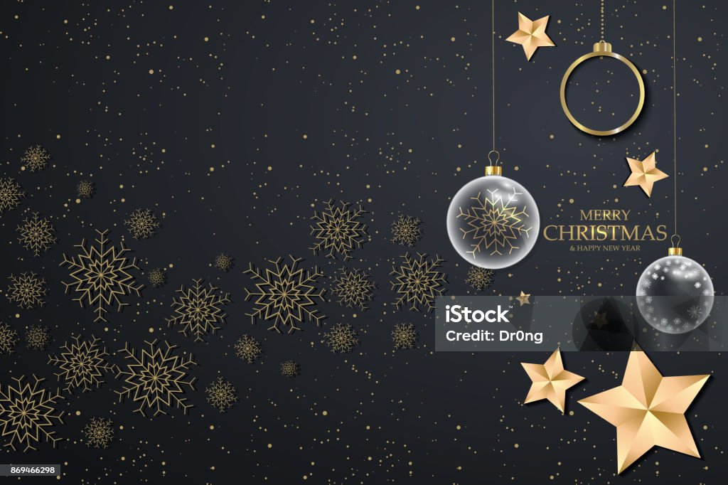 Fond noir de Noël avec des flocons de neige dorés. Festif fond de Noël avec des boules, étoiles - clipart vectoriel de Noël libre de droits