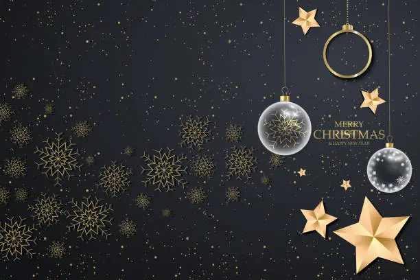 Vector illustration of Black christmas background with golden snowflakes. Festive Christmas background with balls, stars