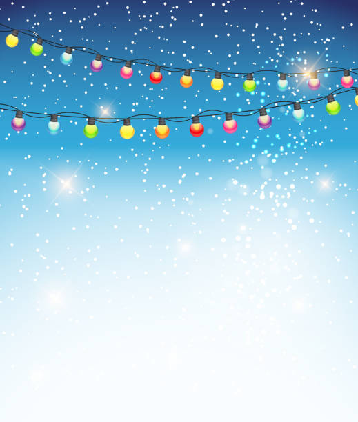 ilustraciones, imágenes clip art, dibujos animados e iconos de stock de resumen belleza navidad y año nuevo fondo con luces de bulbo de garland y caer nieve. ilustración de vector - holiday lights