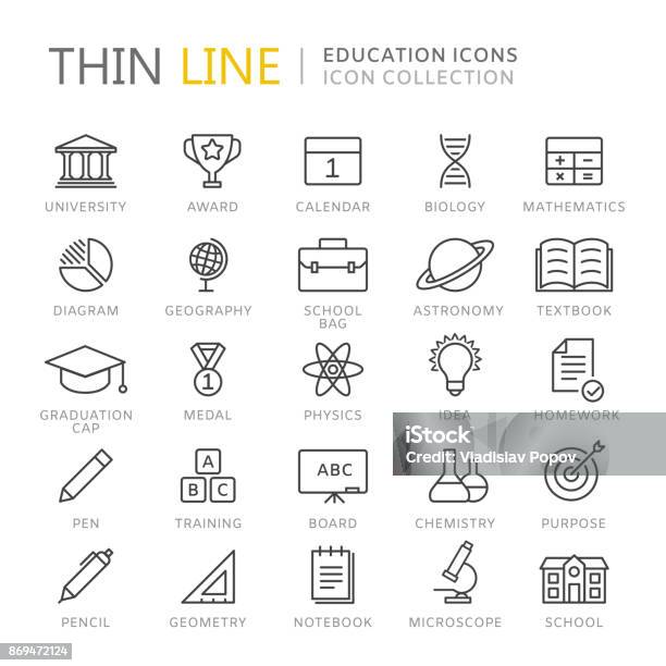 Collection Of Education Thin Line Icons Stock Illustration - Download Image Now - Icon Symbol, History, University