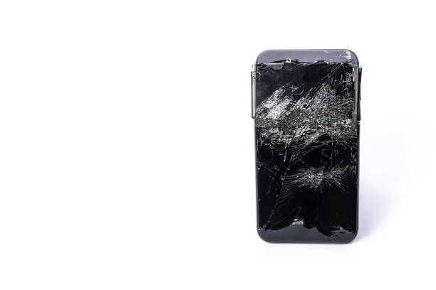 istock Modern mobile smartphone with broken screen and bent back cover, isolated on white background, place for text 869478590