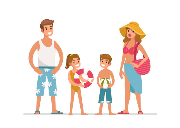 family at the beach Happy family at the beach. Flat style vector illustration isolated on white background. sarong stock illustrations