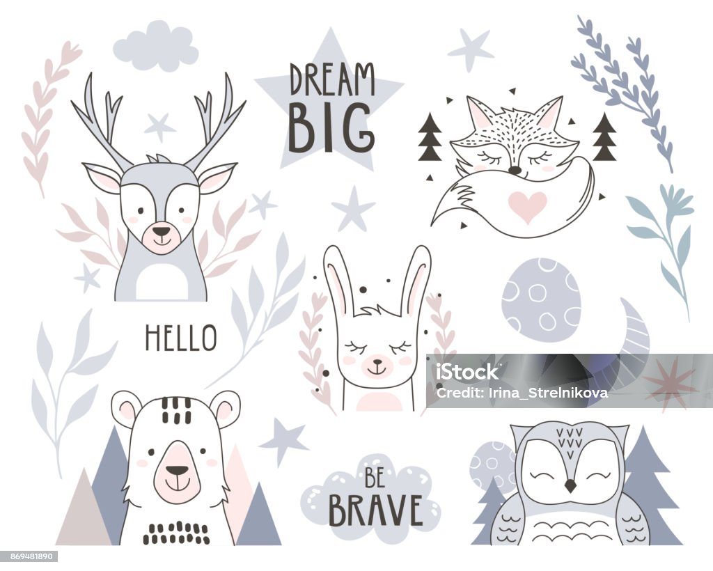 animals Scandinavian style design element for nursery. Forest animals collection with lettering element. Vector illustration. Baby - Human Age stock vector