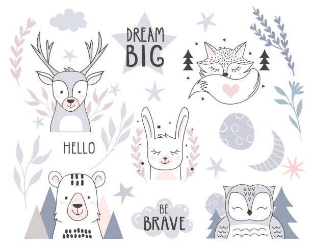 animals Scandinavian style design element for nursery. Forest animals collection with lettering element. Vector illustration. preschool illustrations stock illustrations