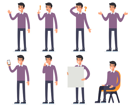 Man character with different emotions. Flat style vector illustration.