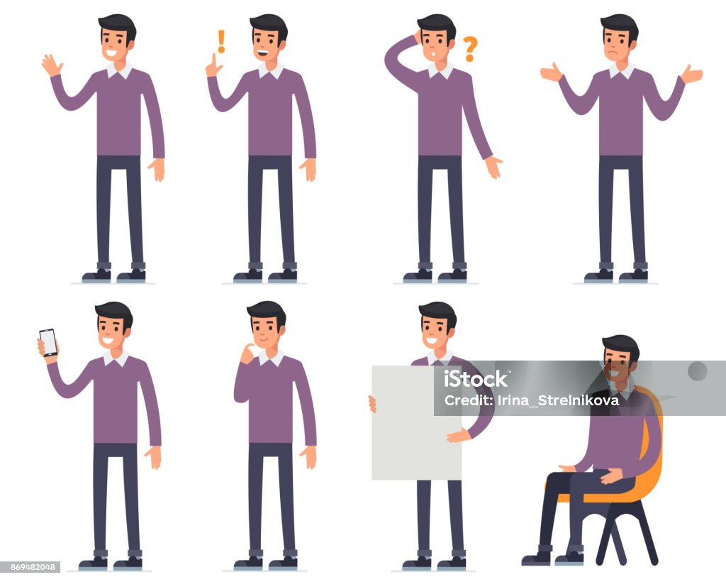man character Man character with different emotions. Flat style vector illustration. Men stock vector