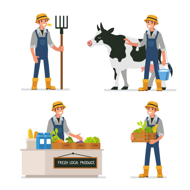 farmer Farmer working at farm and selling farm products. Flat style vector illustration isolated on white background. farmer stock illustrations