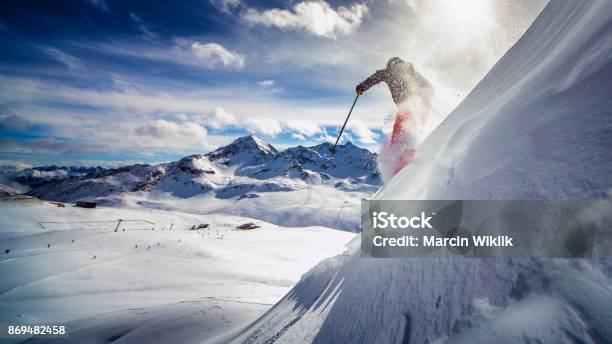Extreme Skier In Powder Snow Stock Photo - Download Image Now - Skiing, Ski, Dolomites