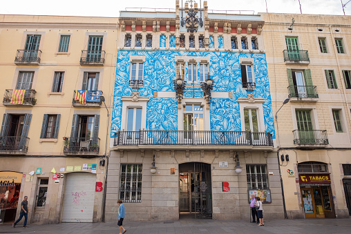 Barcelona, Spain, October 9, 2017: The beautiful exterior of an art museum in the plaza Vila de Gracia, in the Gracia neighborhood, a popular plaza in Barcelona.