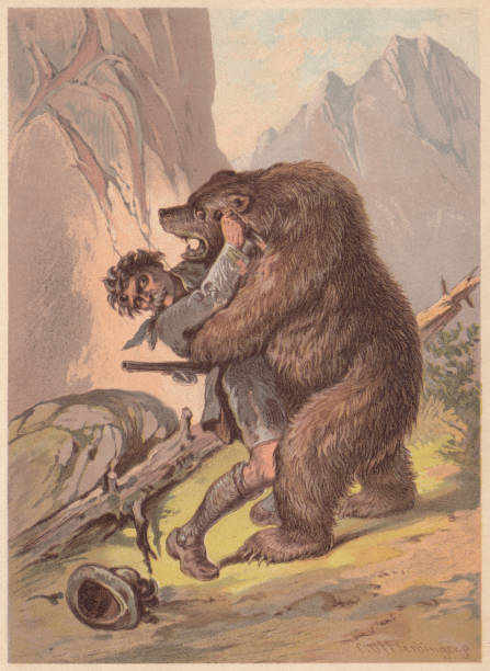 hunter, zaatakowany przez niedźwiedzia, litografia, opublikowana w 1887 roku - bear hunting stock illustrations