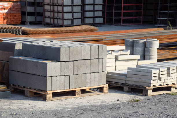 istock Warehouse cinder block and products from cement slurry on the base. 869502784