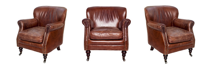 Leather brown chair isolated on white background. View from different sides - front and two side views