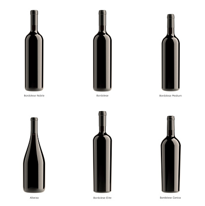 collection of bottles of red wine on a white background isolated.