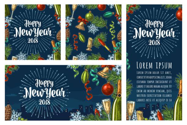 ilustraciones, imágenes clip art, dibujos animados e iconos de stock de de patrones sin fisuras y carteles con letras feliz año nuevo 2018 - swirl christmas champagne coloured holiday backgrounds